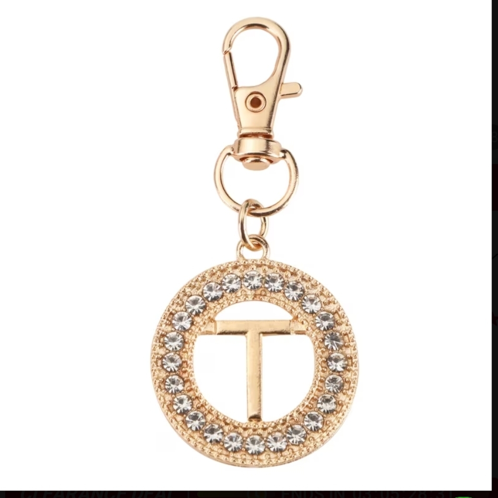 Gold-Tone Crystal 'T' Letter Key & Card Holder Charm
